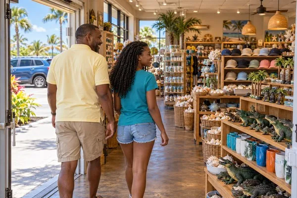 Father and daughter enter a souvenir shop filled with alligator figurines, mugs, and keepsakes during a road trip.